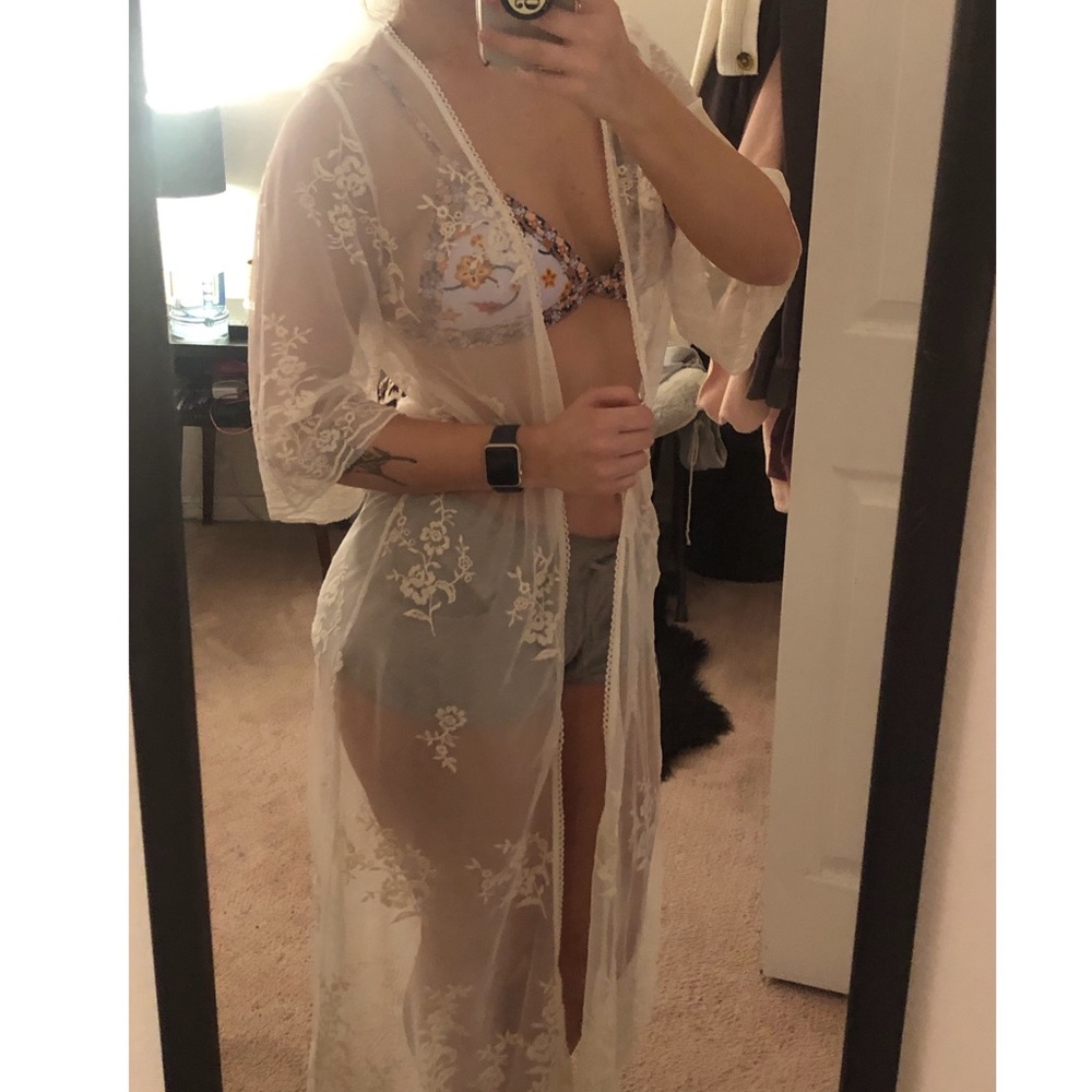 Long White Sheer Floral Beach Cover Up